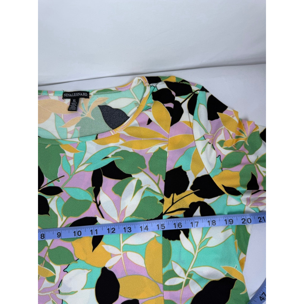 Women's Nina Leonard XL Multi-color Leaf Print Short Sleeve Maxi Dress - Picture 11 of 11